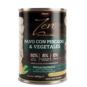 Zen Pavo con Pescado y Vegetales Paté con trozos hipoalergénico 400g Para Perros